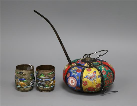 A pair of Chinese enamel and silver plated horse cups and a water pipe